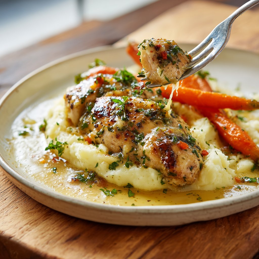 Creamy Herb Chicken with Mashed Potatoes and Honey Glazed Carrots